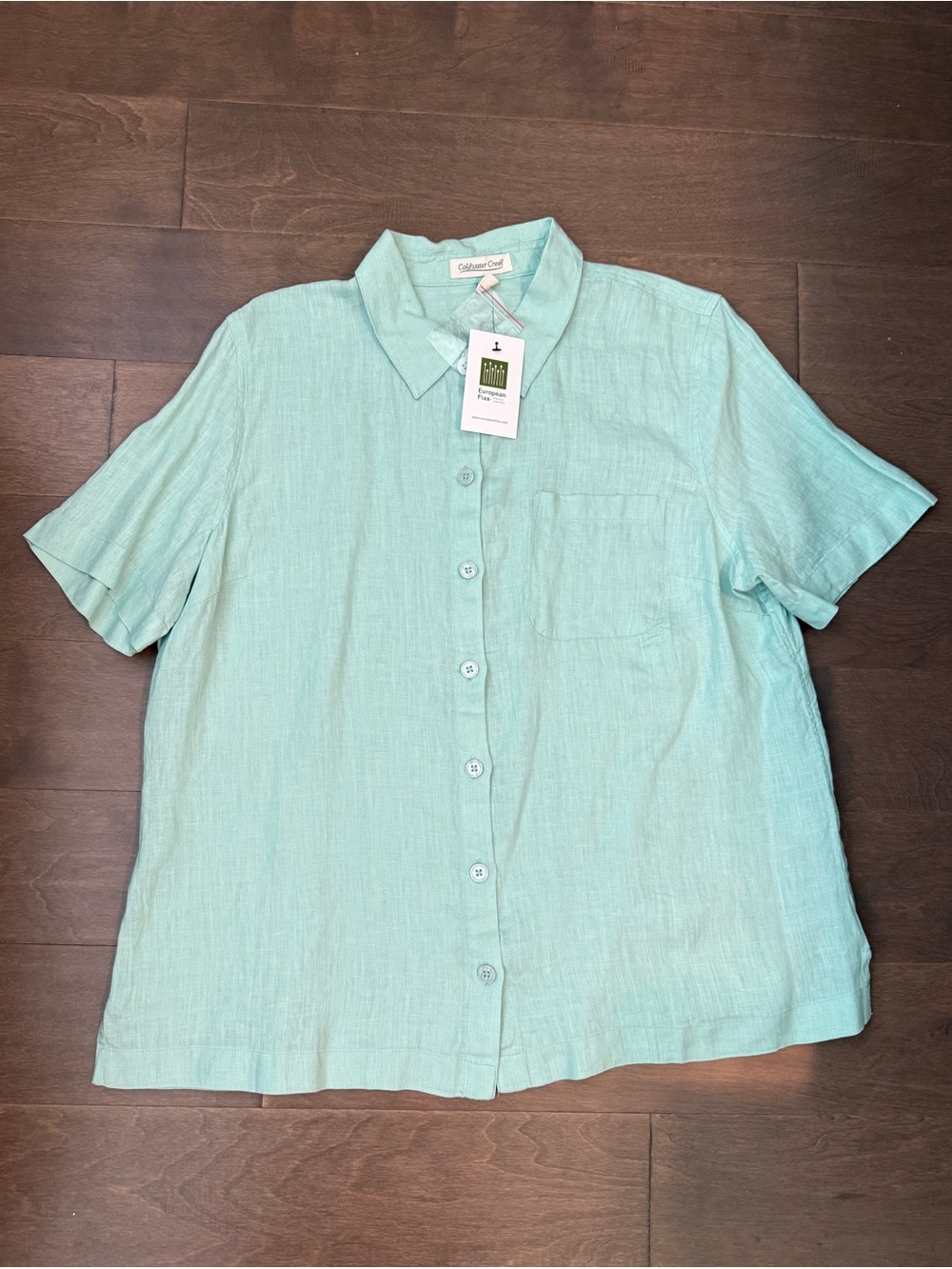 NWT Coldwater Creek Linen Seafoam  Green Short-Sleeve Button Front Shirt Large